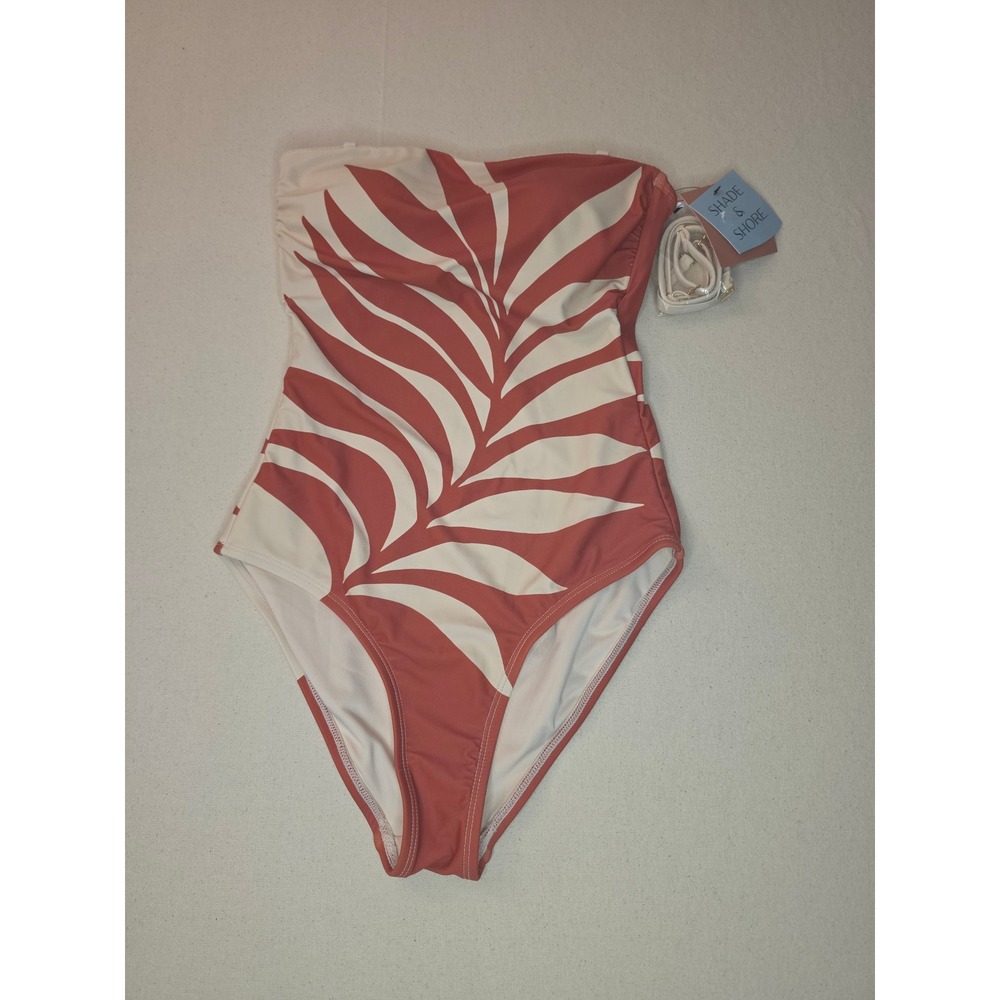 Shade & Shore Palm Print Bandeau One Piece Swimsuit Tan Small NWT